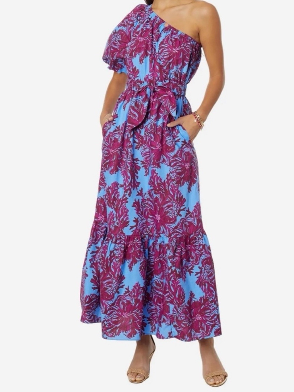 Lilly Pulitzer Zelalynn One-Shoulder Maxi Dress in “Feels Like a Shellebrit”